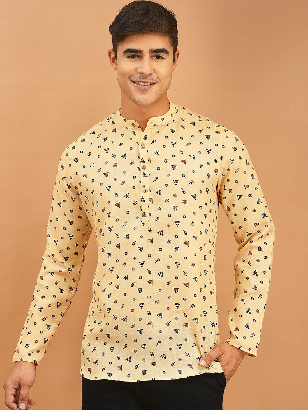 

DEYANN Band Collar Geometric Printed Straight Cotton Short Kurta, Yellow