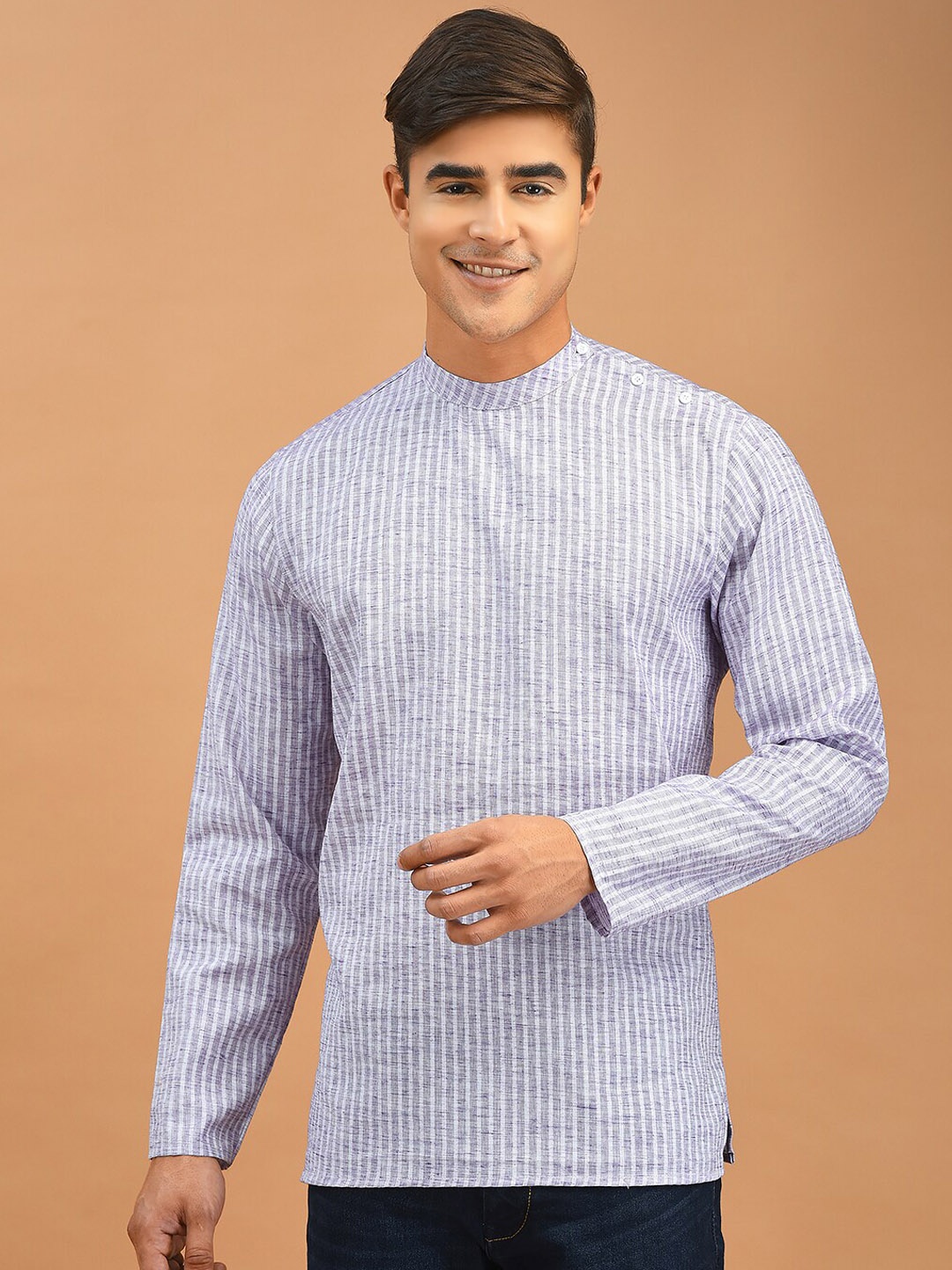 

DEYANN Band Collar Striped Straight Short Kurta, Blue