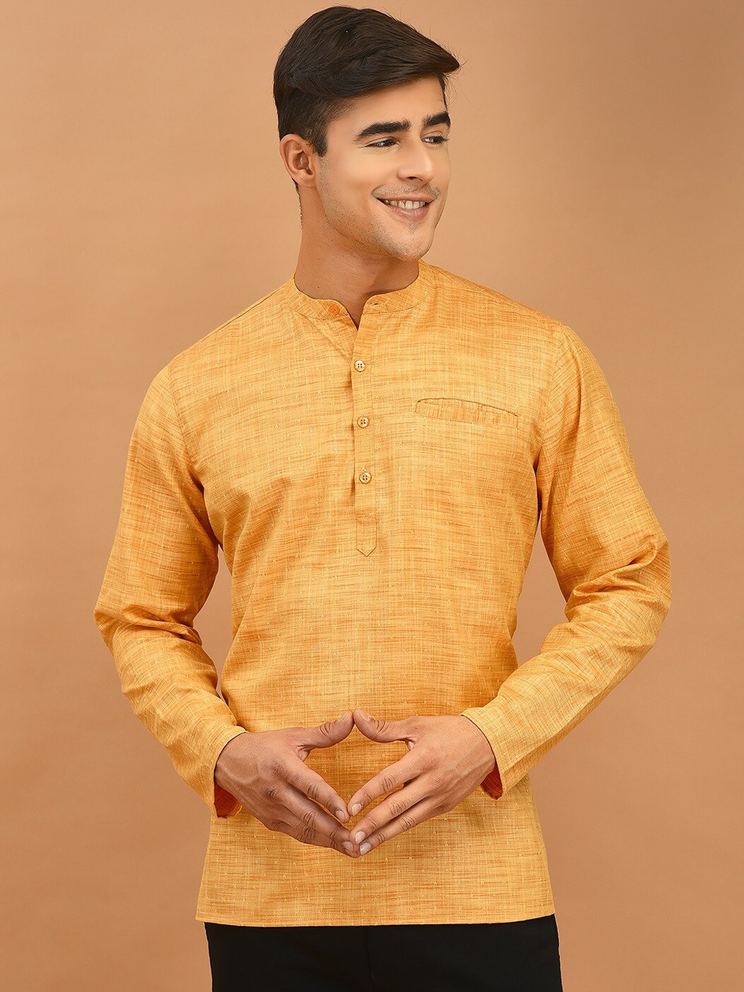 

DEYANN Band Collar Short Jacquard Kurta, Mustard