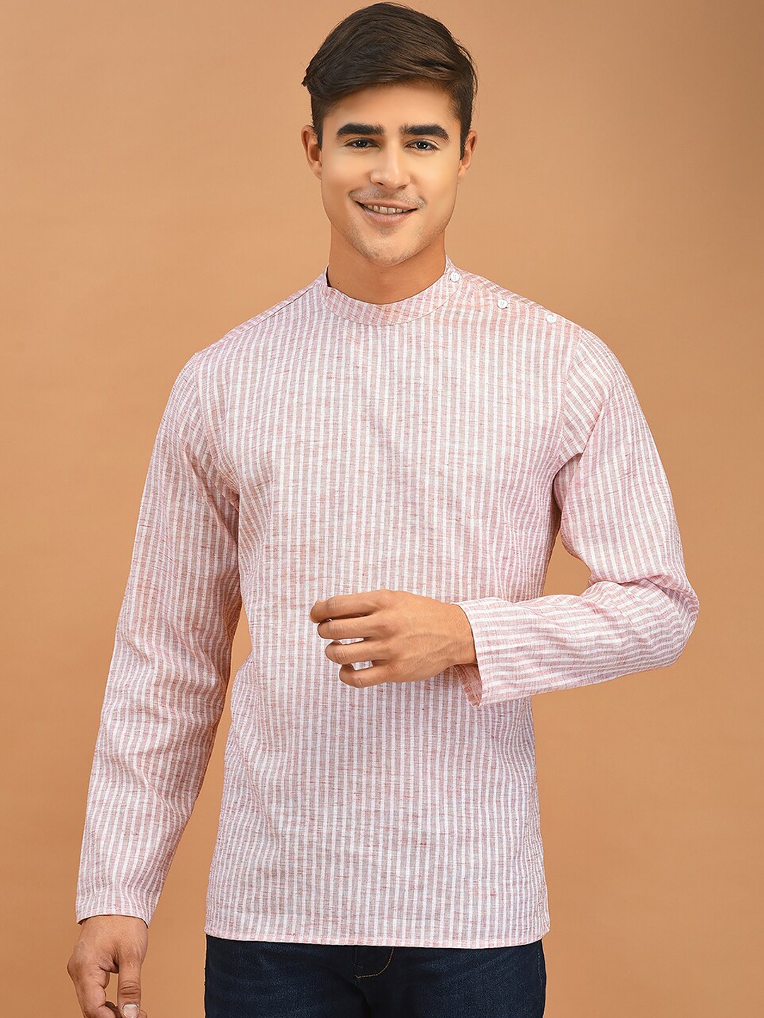 

DEYANN Band Collar Striped Straight Short Kurta, Pink