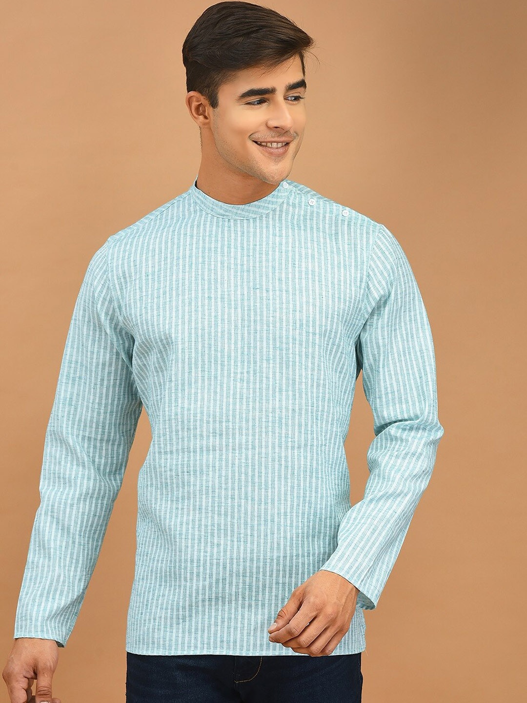 DEYANN Striped Band Collar Short Kurta, Turquoise blue