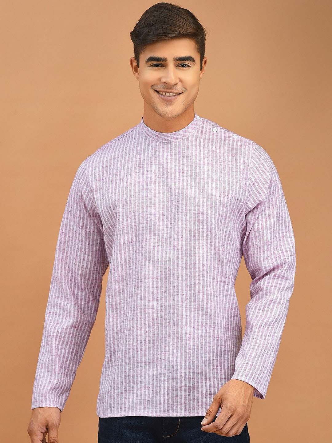 

DEYANN Striped Band Collar Short Kurta, Lavender