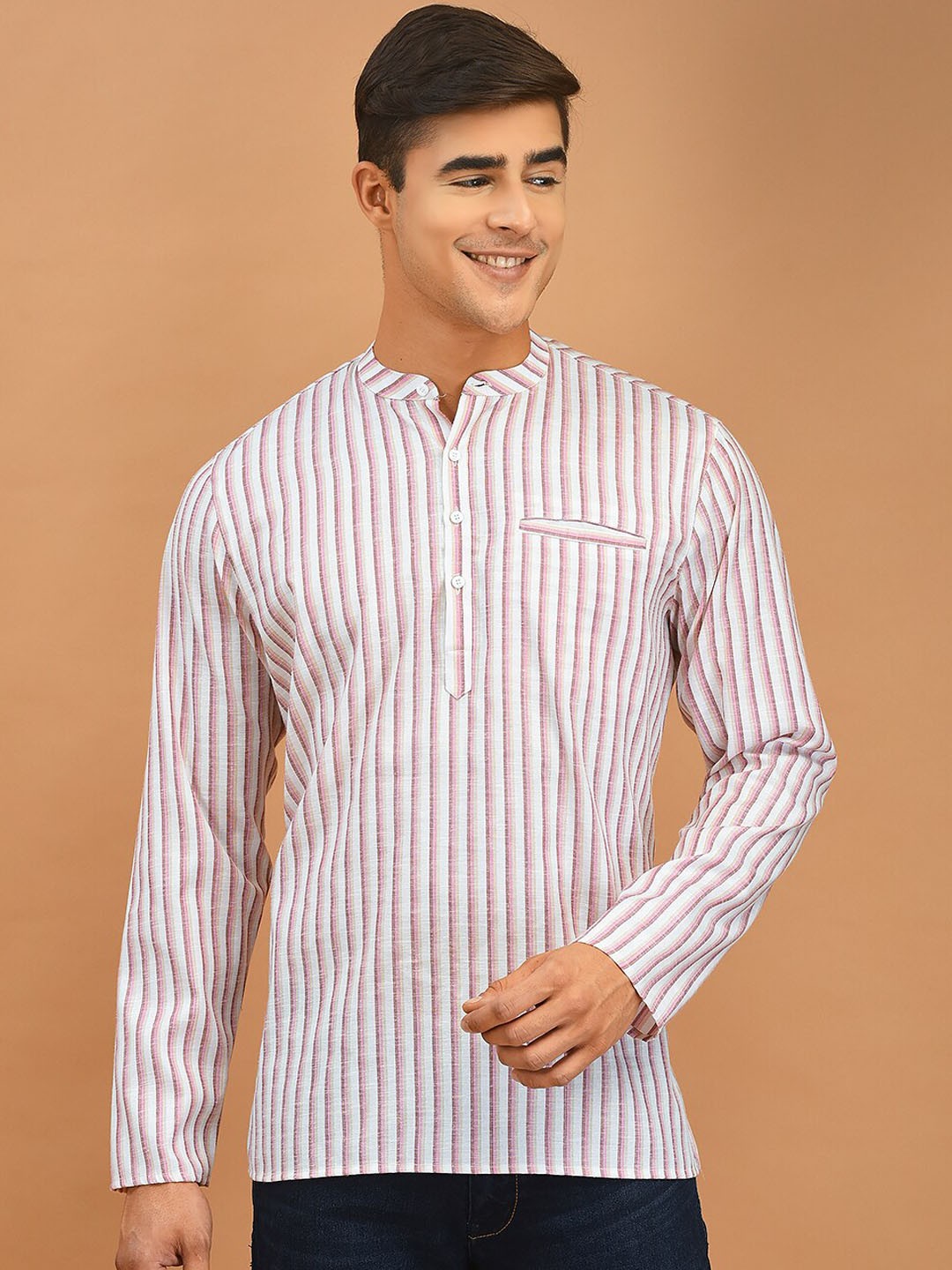 

DEYANN Band Collar Striped Straight Cotton Short Kurta, Pink