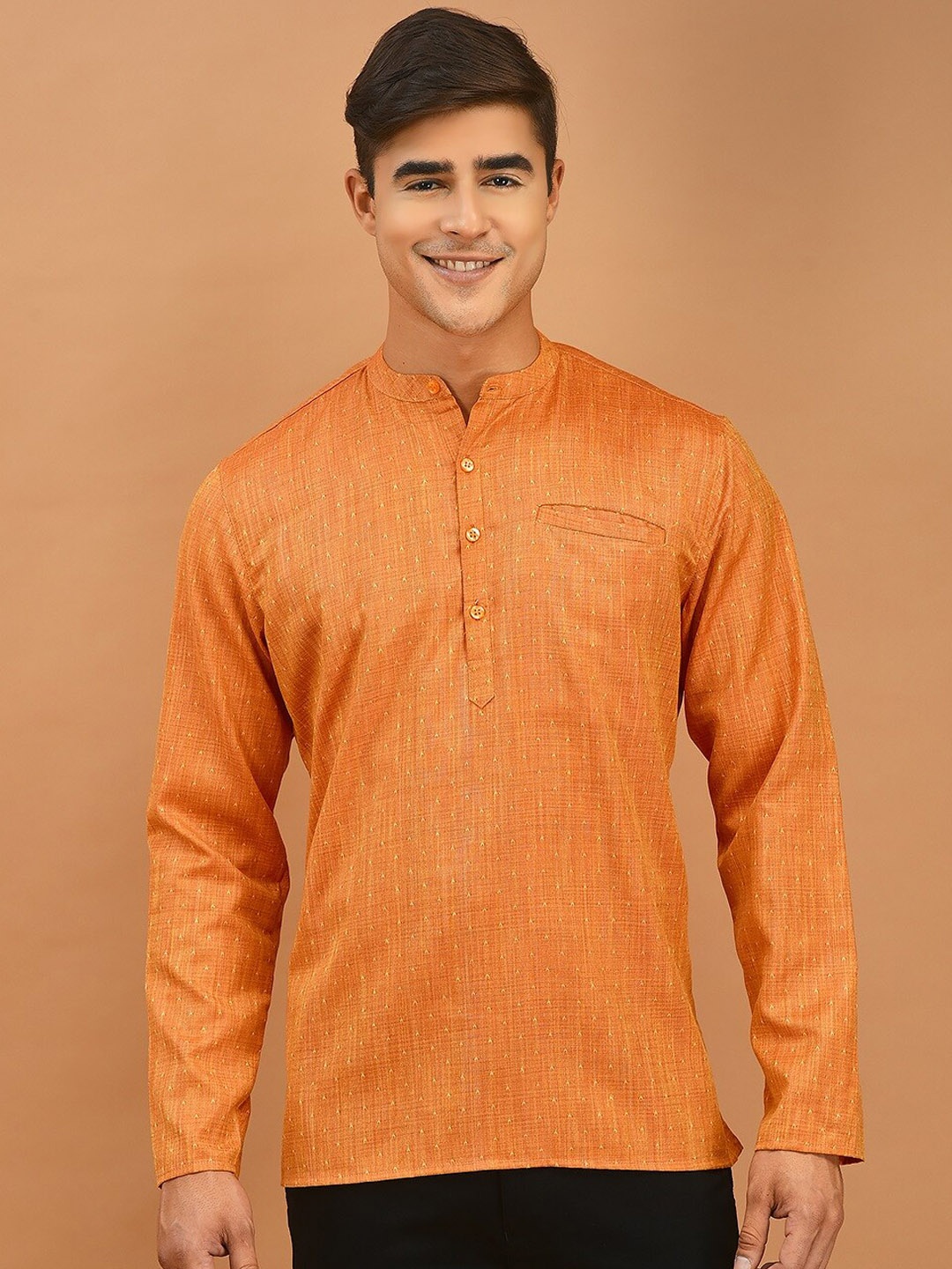 

DEYANN Band Collar Ethnic Motifs Woven Design Straight Short Kurta, Orange