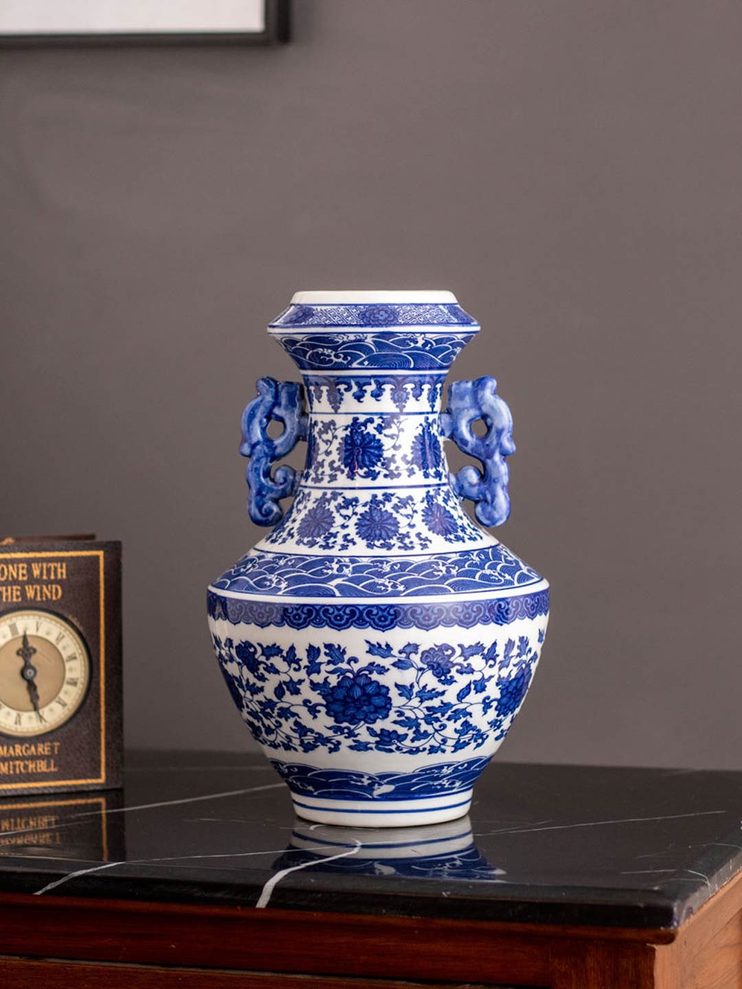 

THEDECORKART White & Blue Traditional Printed Porcelain Vase