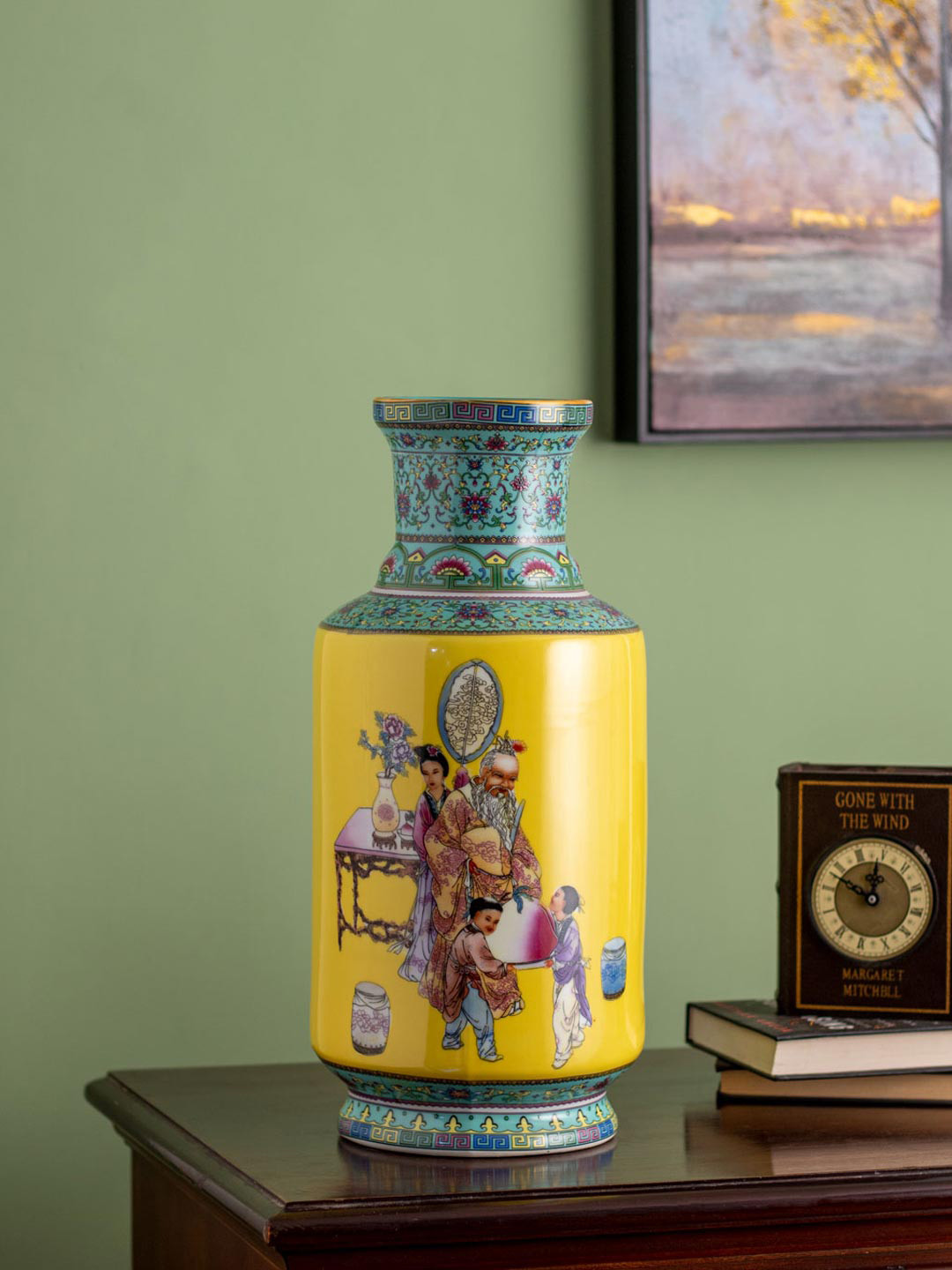 

THEDECORKART Folklore Yellow & Green Printed Oriental Porcelain Vase