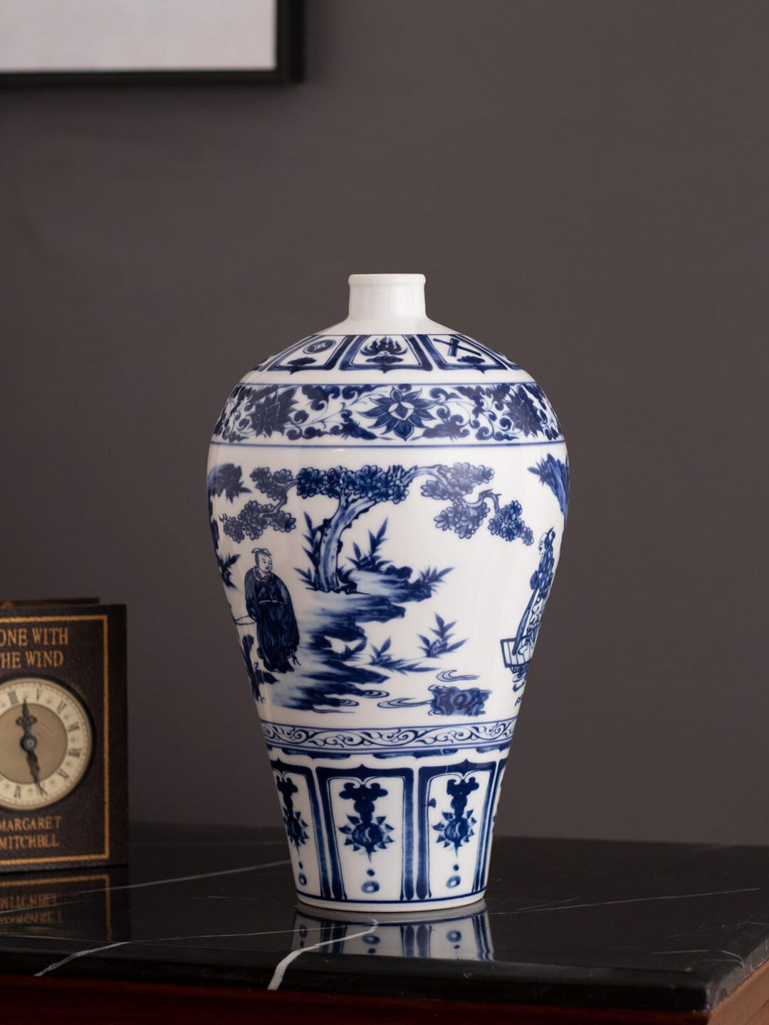 

THEDECORKART White & Blue Oriental Printed Porcelain Vase