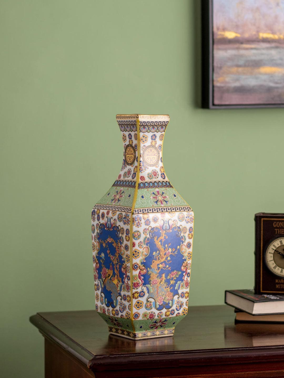 

THEDECORKART White & Blue Satsuma Printed Porcelain Vase