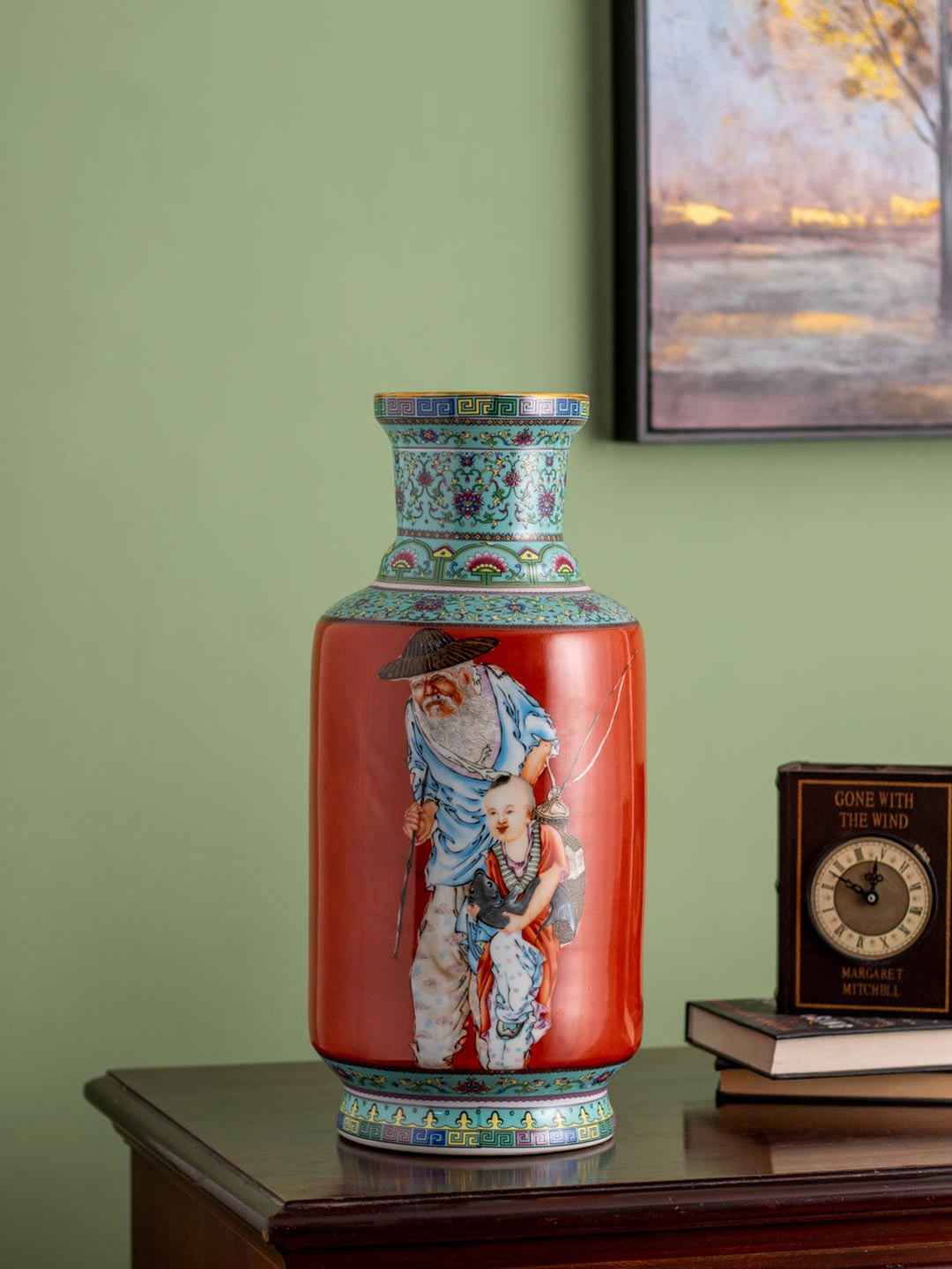 

THEDECORKART Red & Blue Folklore Oriental Printed Porcelain Vase