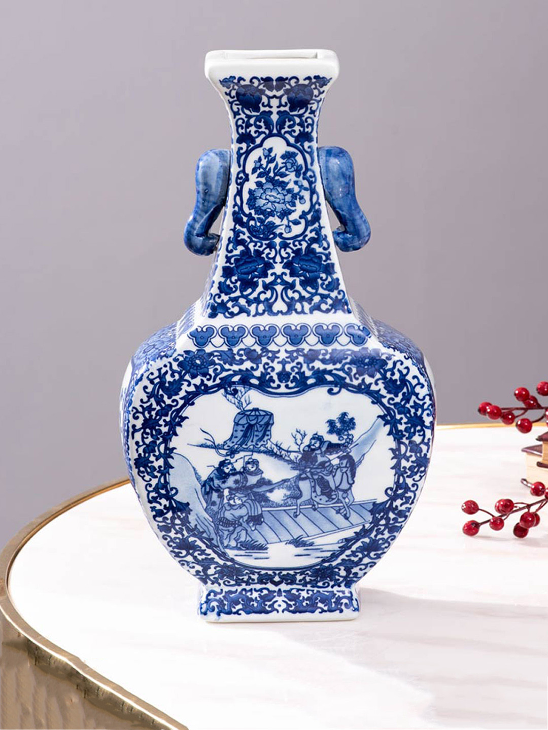 

THEDECORKART White & Blue Printed Classic Porcelain Vase