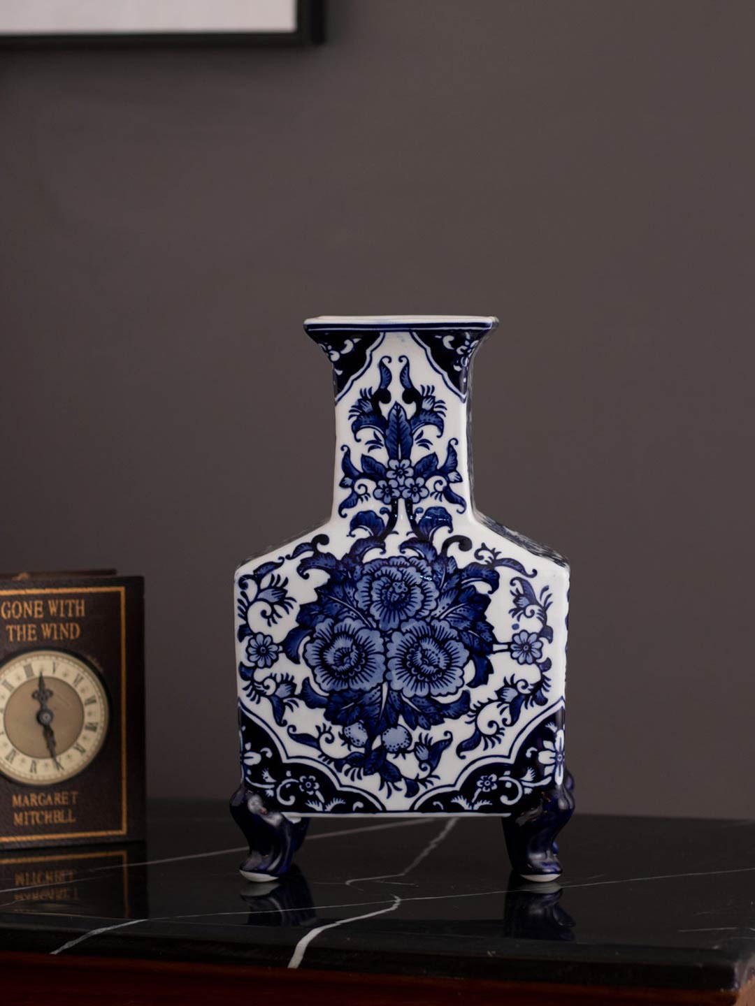 

THEDECORKART White & Blue Floral Printed Ceramic Vase
