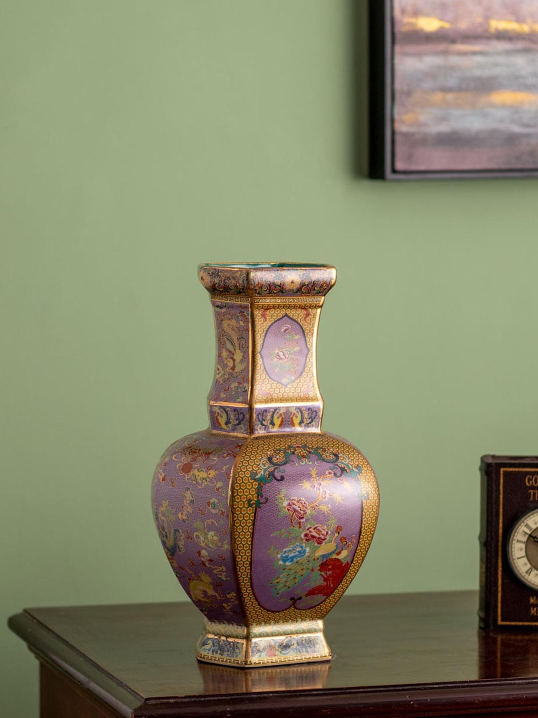 

THEDECORKART Satsuma Purple & Gold-Toned Ethnic Motif Printed Square Porcelain Vase