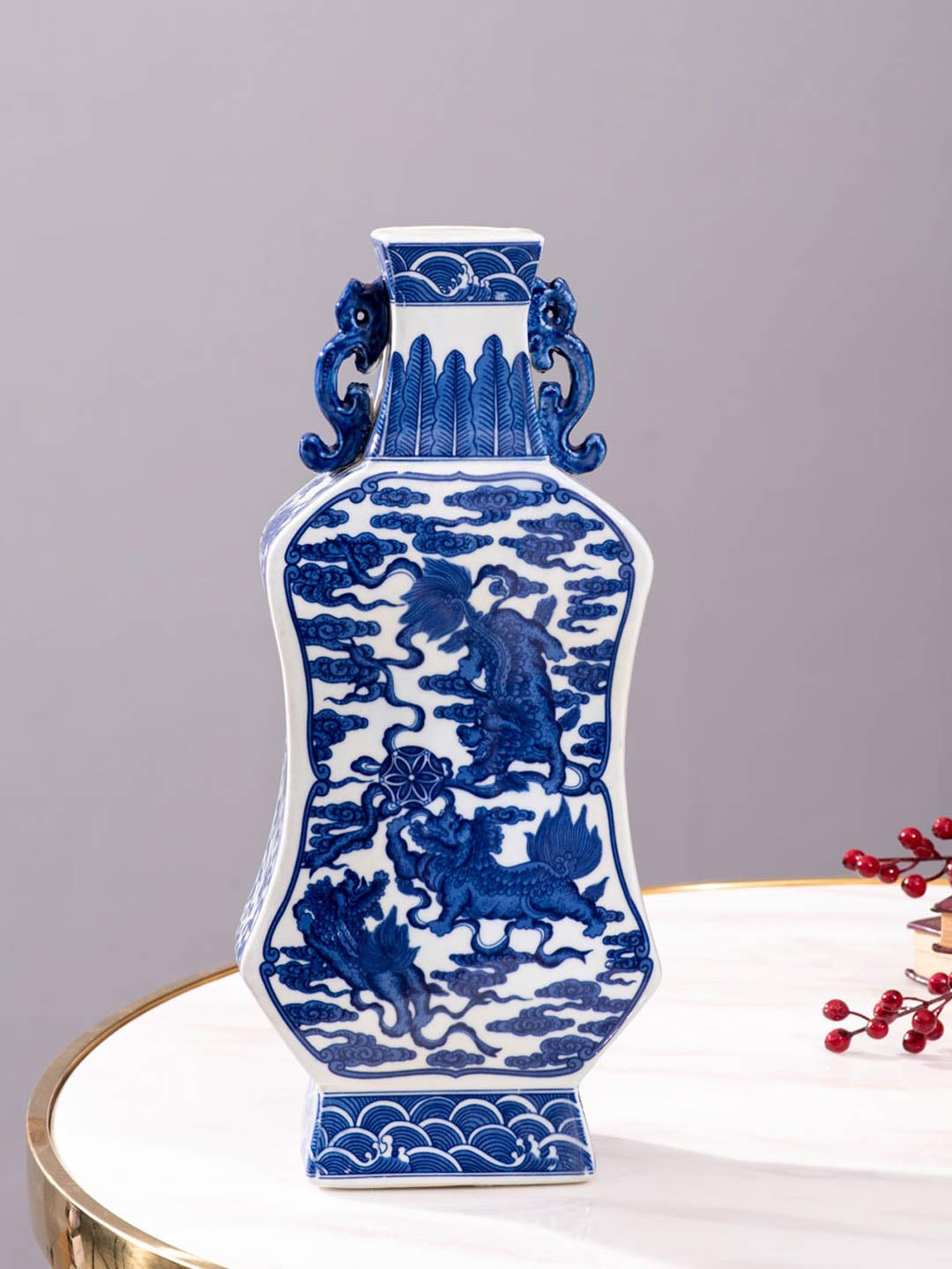 

THEDECORKART White & Blue Printed Classic Porcelain Vase