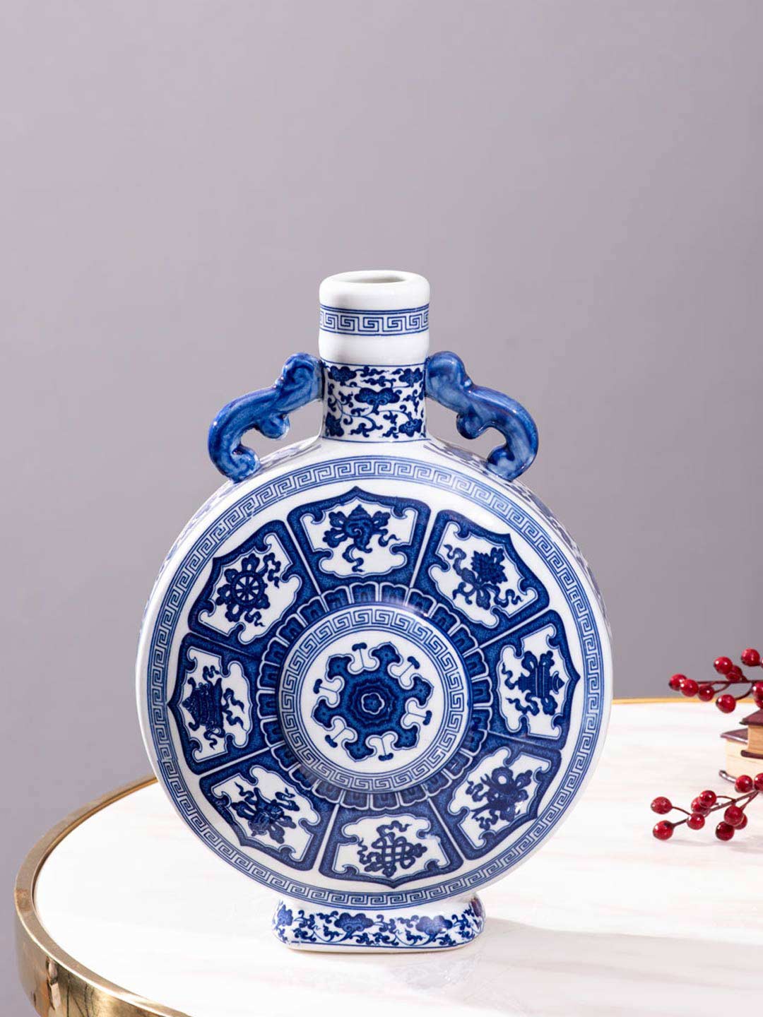 

THEDECORKART White & Blue Printed Ceramic Medallion Moon Vase