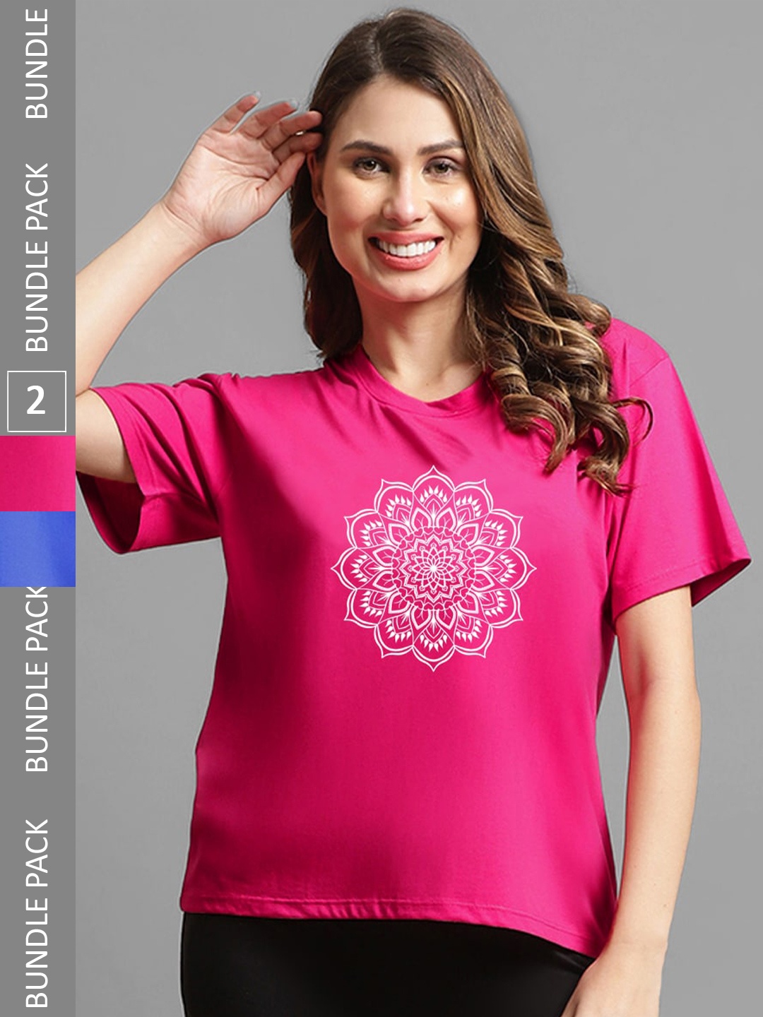 

Kanvin Pack of 2 Magenta & Blue Floral Printed Oversized Fit T-shirts