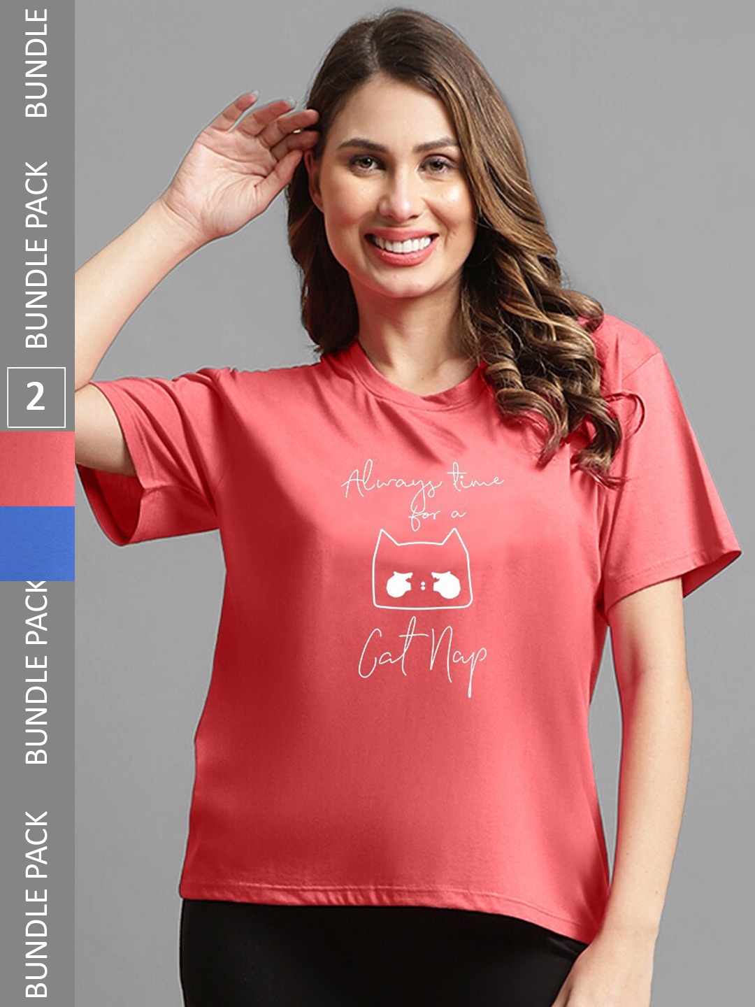 Kanvin Pack of 2 Blue & Pink Printed Oversized Fit T-shirts