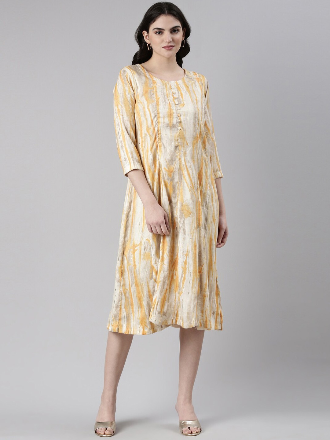

GOLDSTROMS Abstract Printed A-Line Ethnic Dress, Mustard