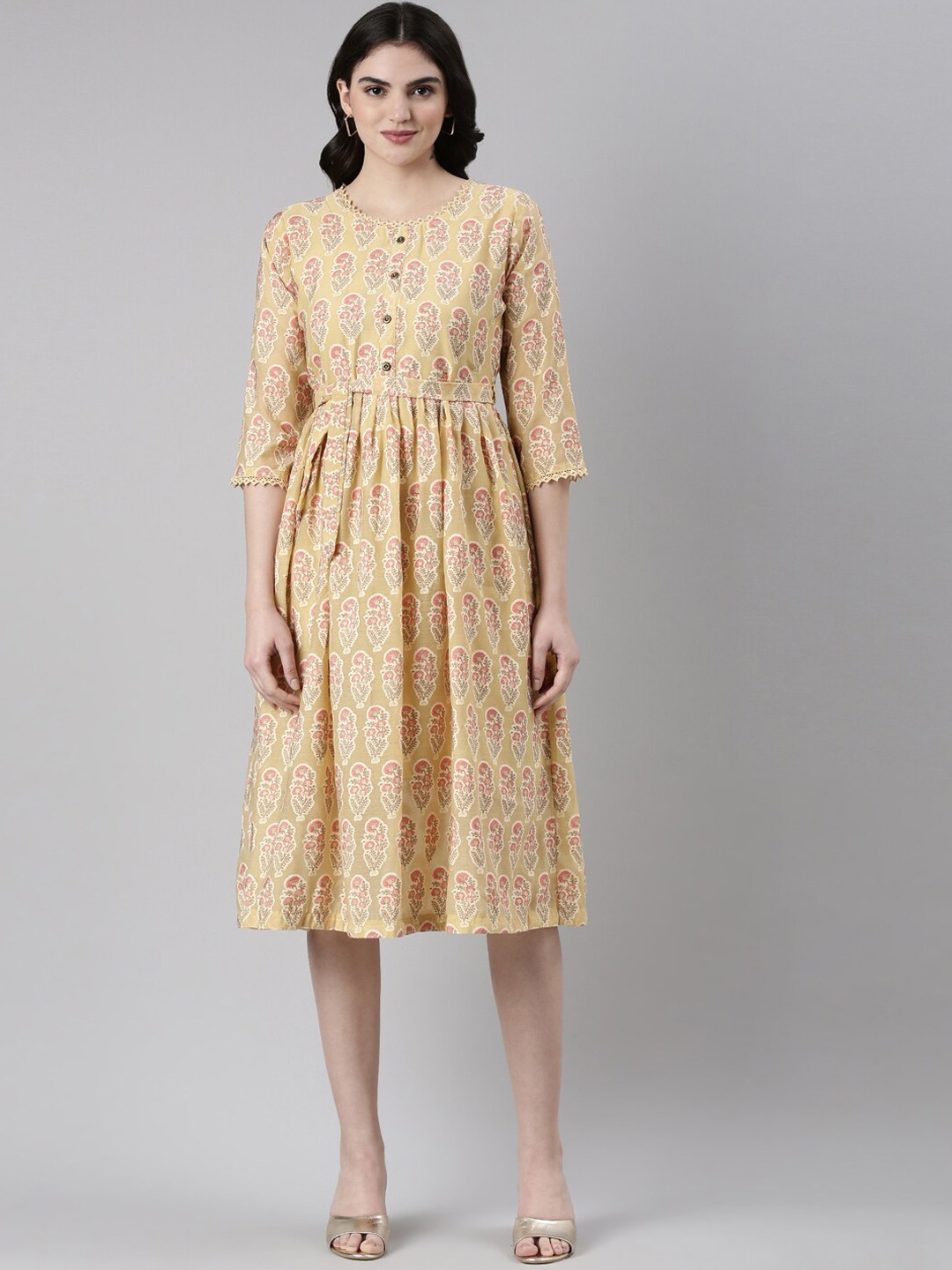 

GOLDSTROMS Ethnic Motifs Printed Georgette A-Line Dress, Mustard