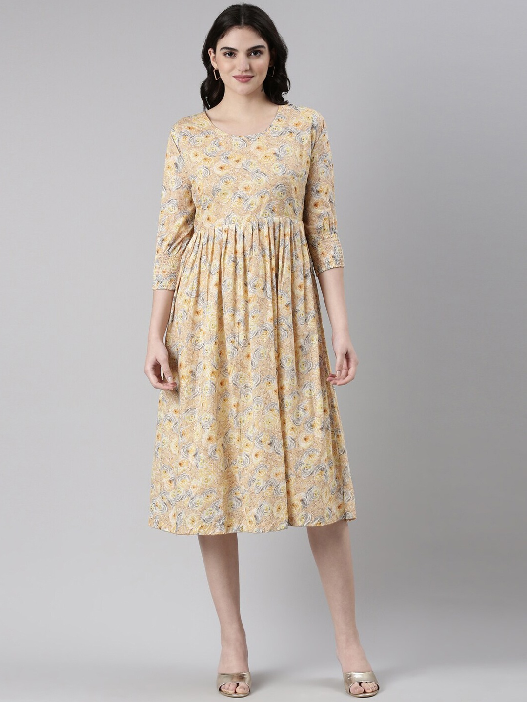 

GOLDSTROMS Floral Printed Cotton Fit And Flare Ethnic Dress, Yellow