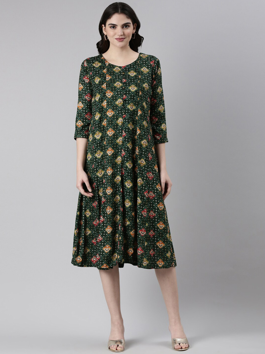 

GOLDSTROMS Ethnic Printed A-Line Ethnic Dress, Green