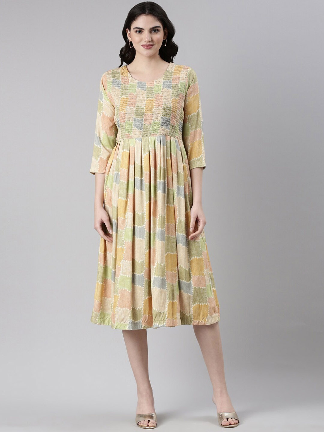 

GOLDSTROMS Ethnic Motifs Printed Smoking Midi Fit And Flare Ethnic Dresses, Beige