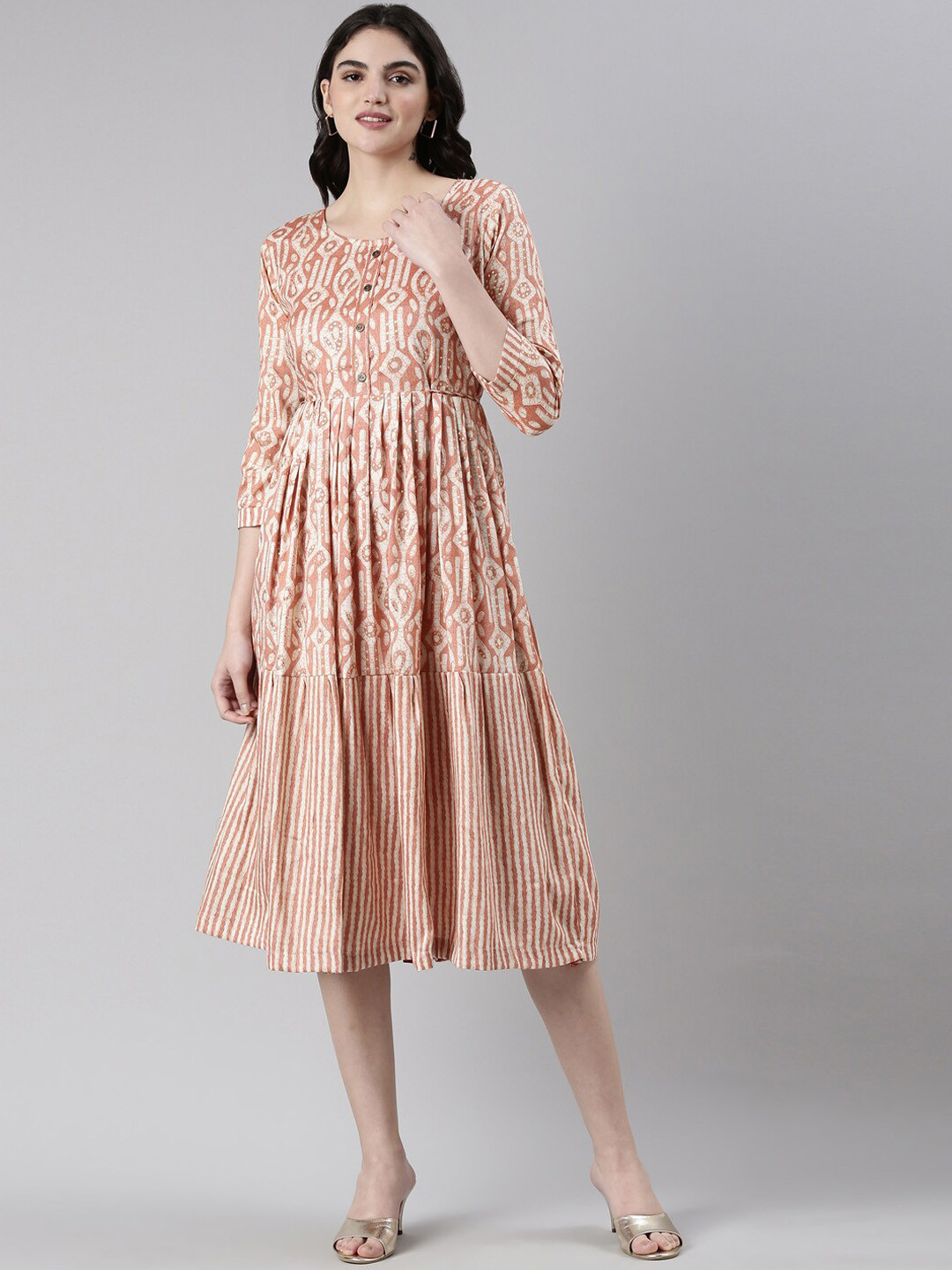 

GOLDSTROMS Ethnic Motifs Printed Fit & Flare Midi Dress, Peach