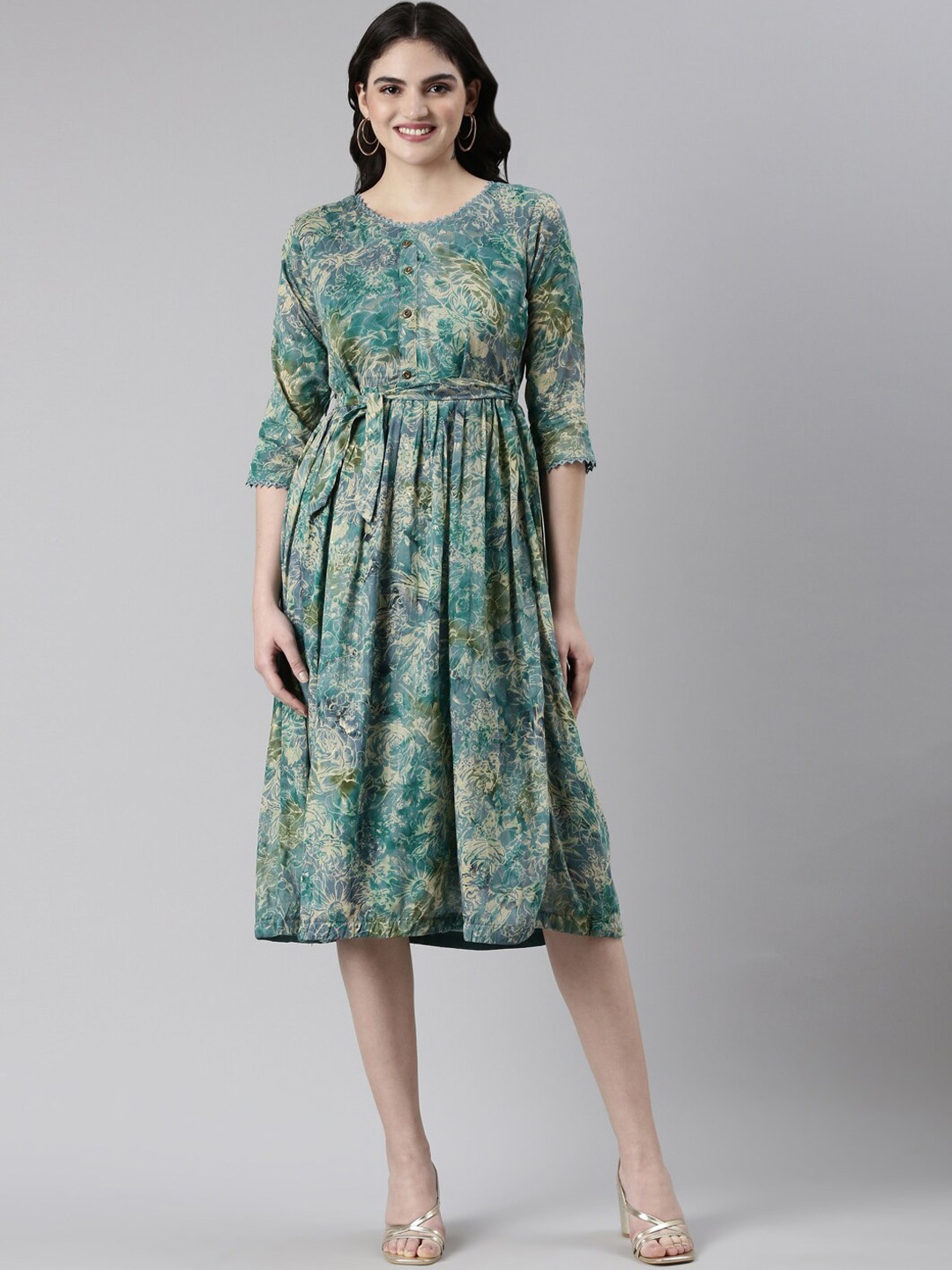 

GOLDSTROMS Floral Printed Cotton Fit & Flare Ethnic Dress, Green
