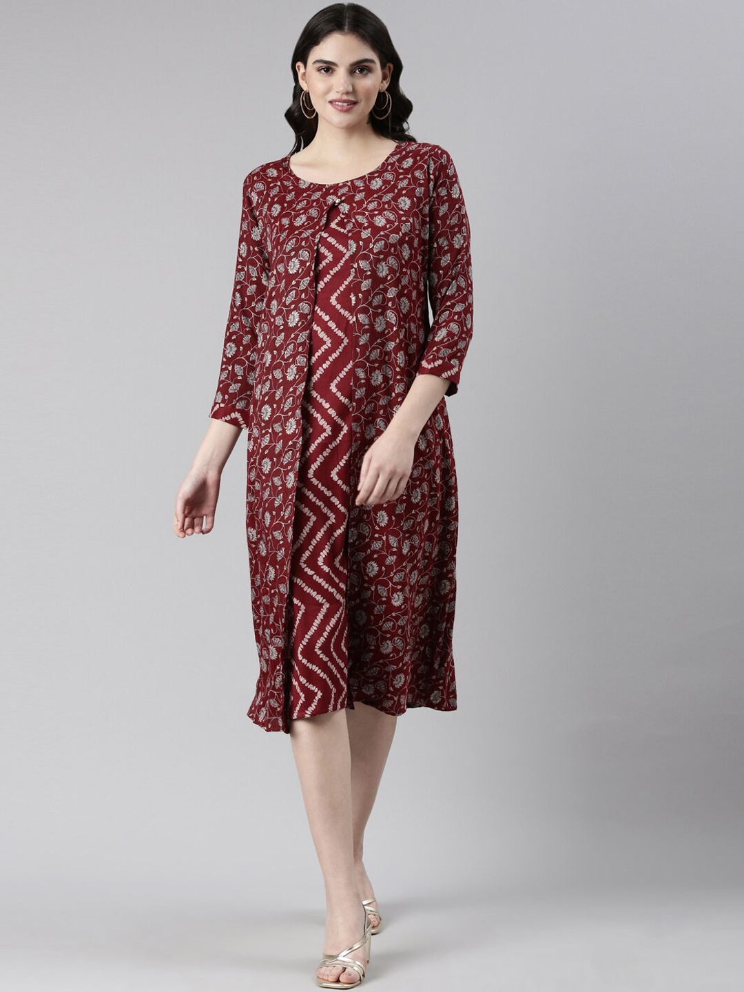 

GOLDSTROMS Floral Printed A-Line Dress, Maroon