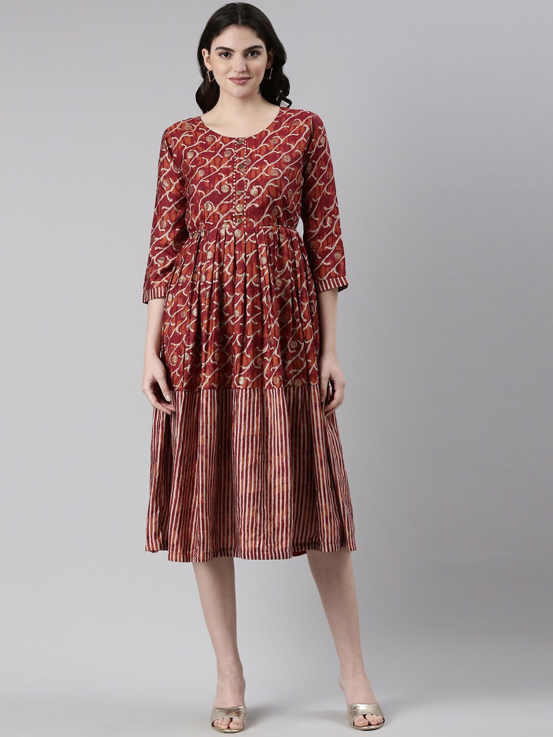 

GOLDSTROMS Ethnic Motifs Printed Fit & Flare Dress, Maroon