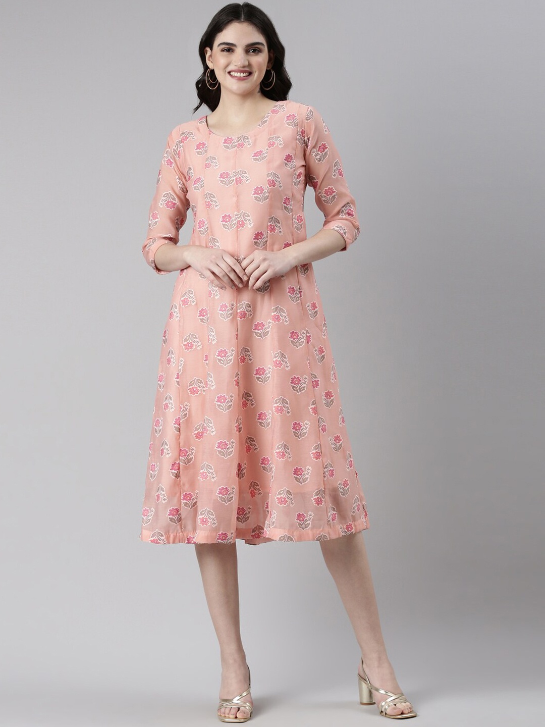 

GOLDSTROMS Floral Printed A-Line Ethnic Dress, Peach
