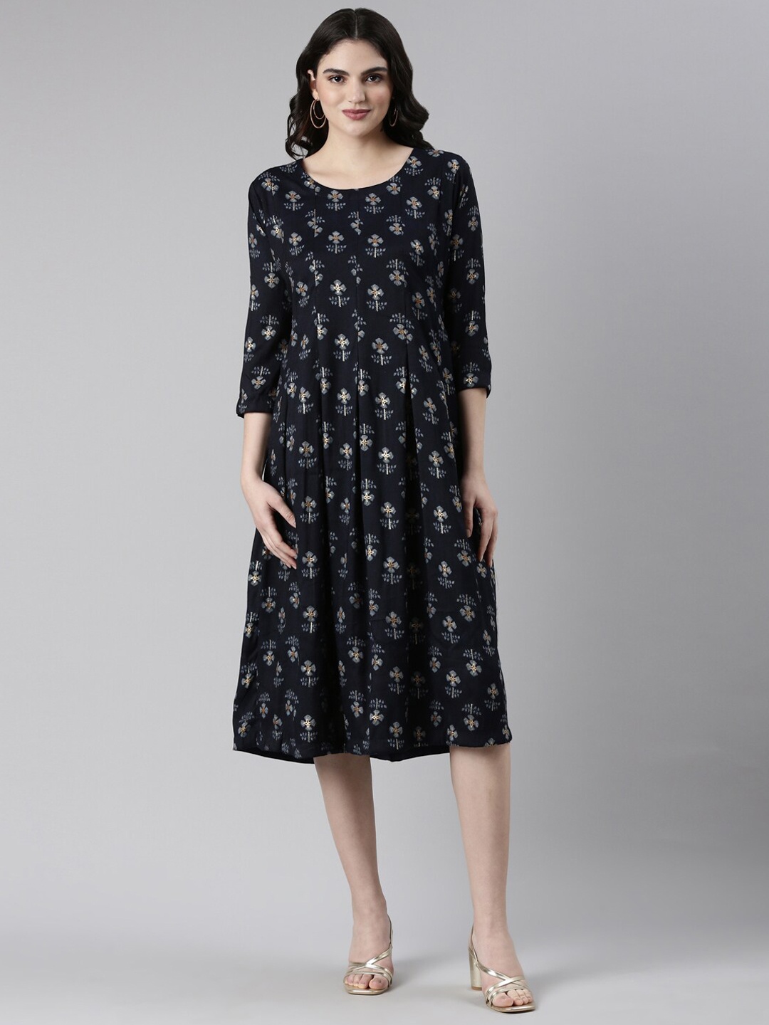 

GOLDSTROMS Floral Printed A-Line Ethnic Dress, Navy blue
