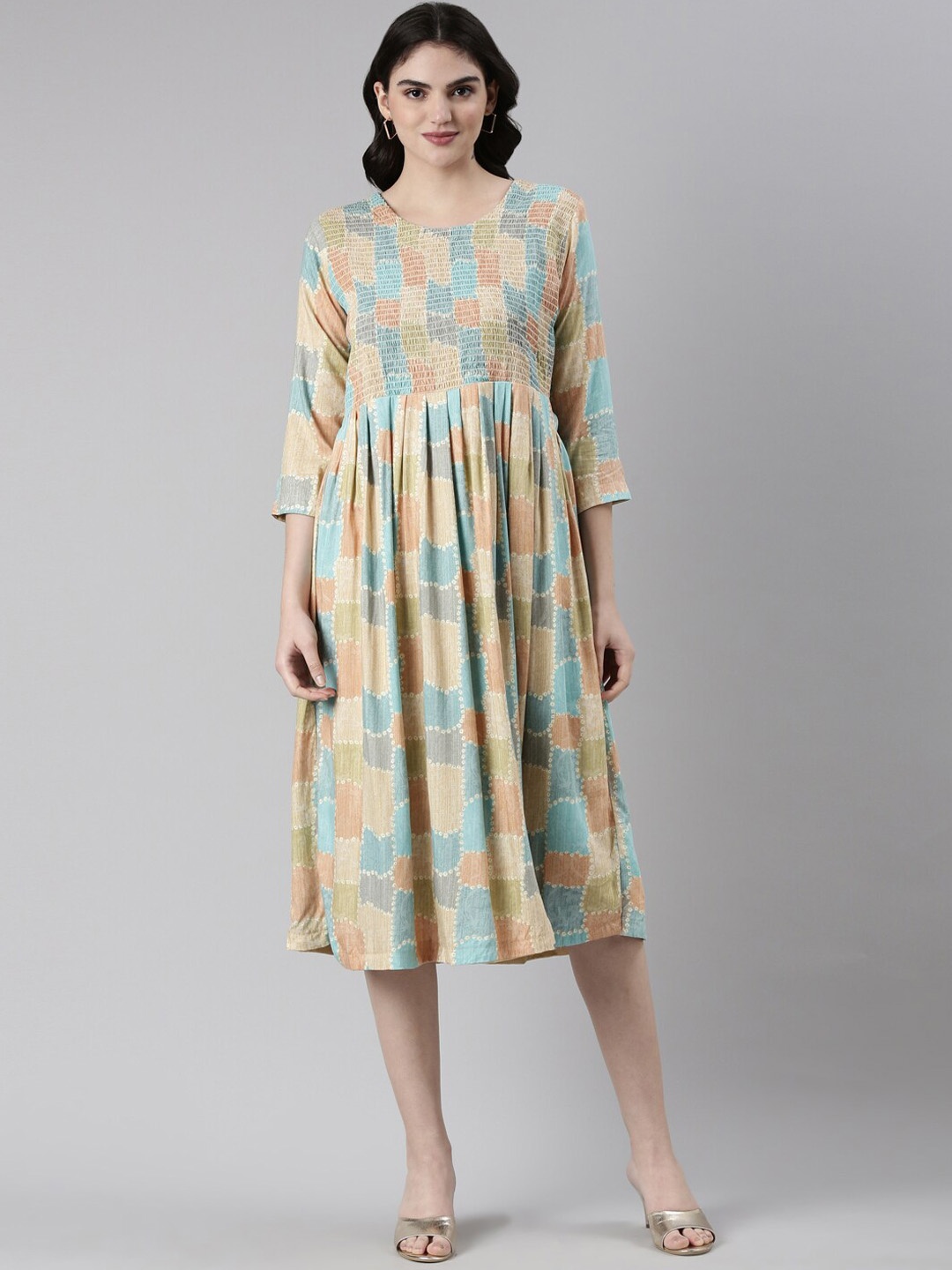 

GOLDSTROMS Printed Midi-Length Smocking Ethnic Dress, Green