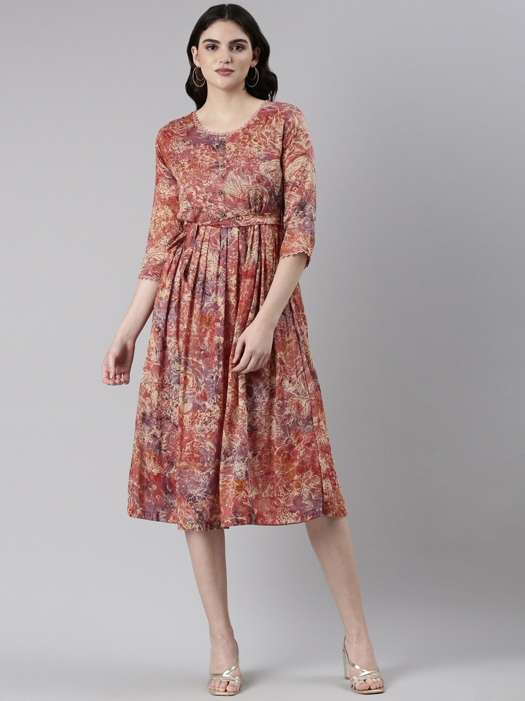 

GOLDSTROMS Abstract Printed A-Line Ethnic Dress, Maroon