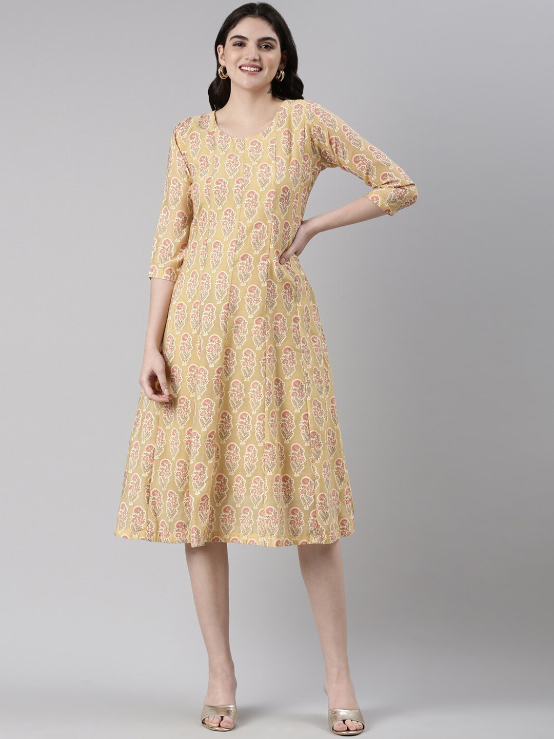 

GOLDSTROMS Ethnic Motifs Printed Georgette A-Line Dress, Mustard