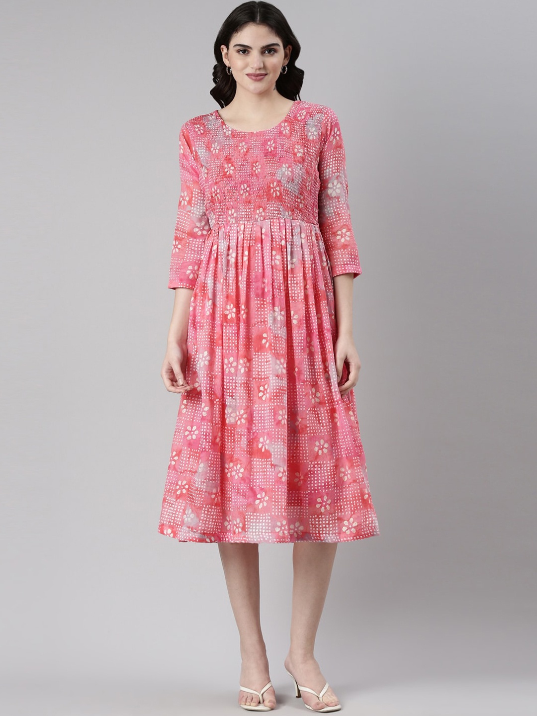 

GOLDSTROMS Floral Printed & Smocked A-Line Dress, Pink