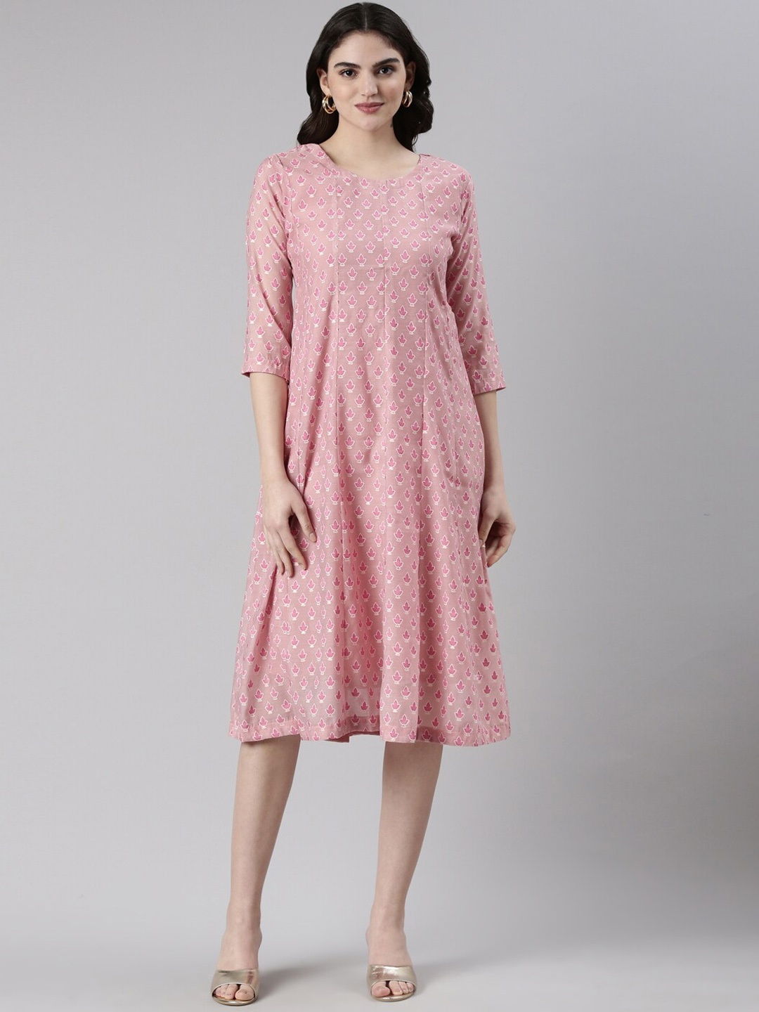 

GOLDSTROMS Floral Printed A-Line Ethnic Dress, Pink