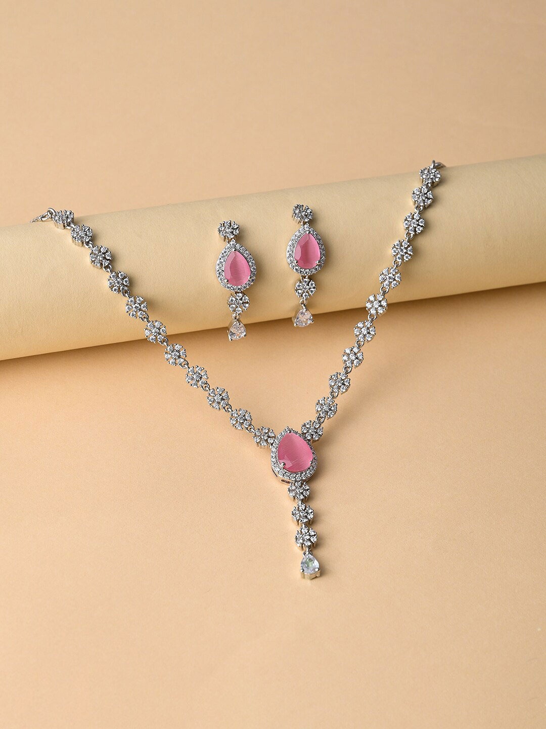 

XPNSV Rhodium-Plated Cubic Zirconia Studded Necklace Set, Silver