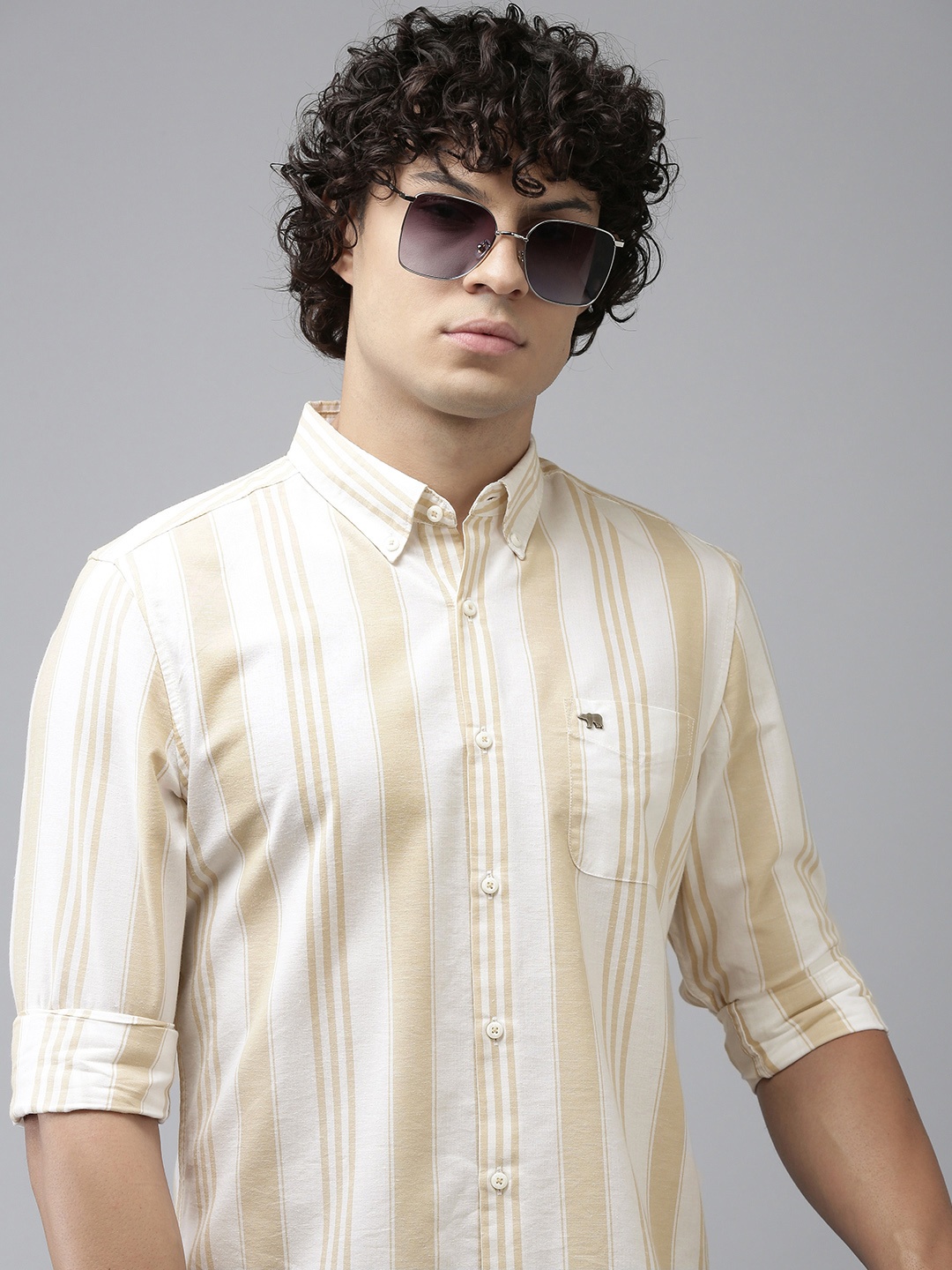 

THE BEAR HOUSE Slim Fit Striped Casual Shirt, Beige