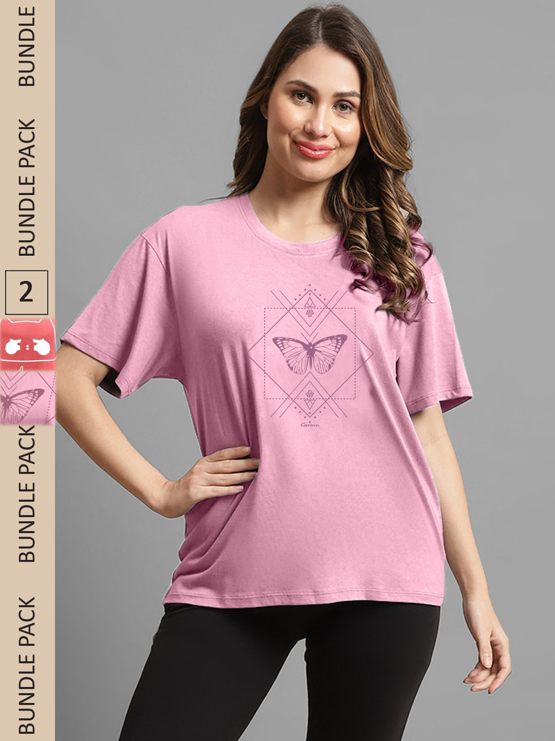 

Kanvin Pack Of 2 Pink & Coral Graphic Printed Oversized T-Shirt