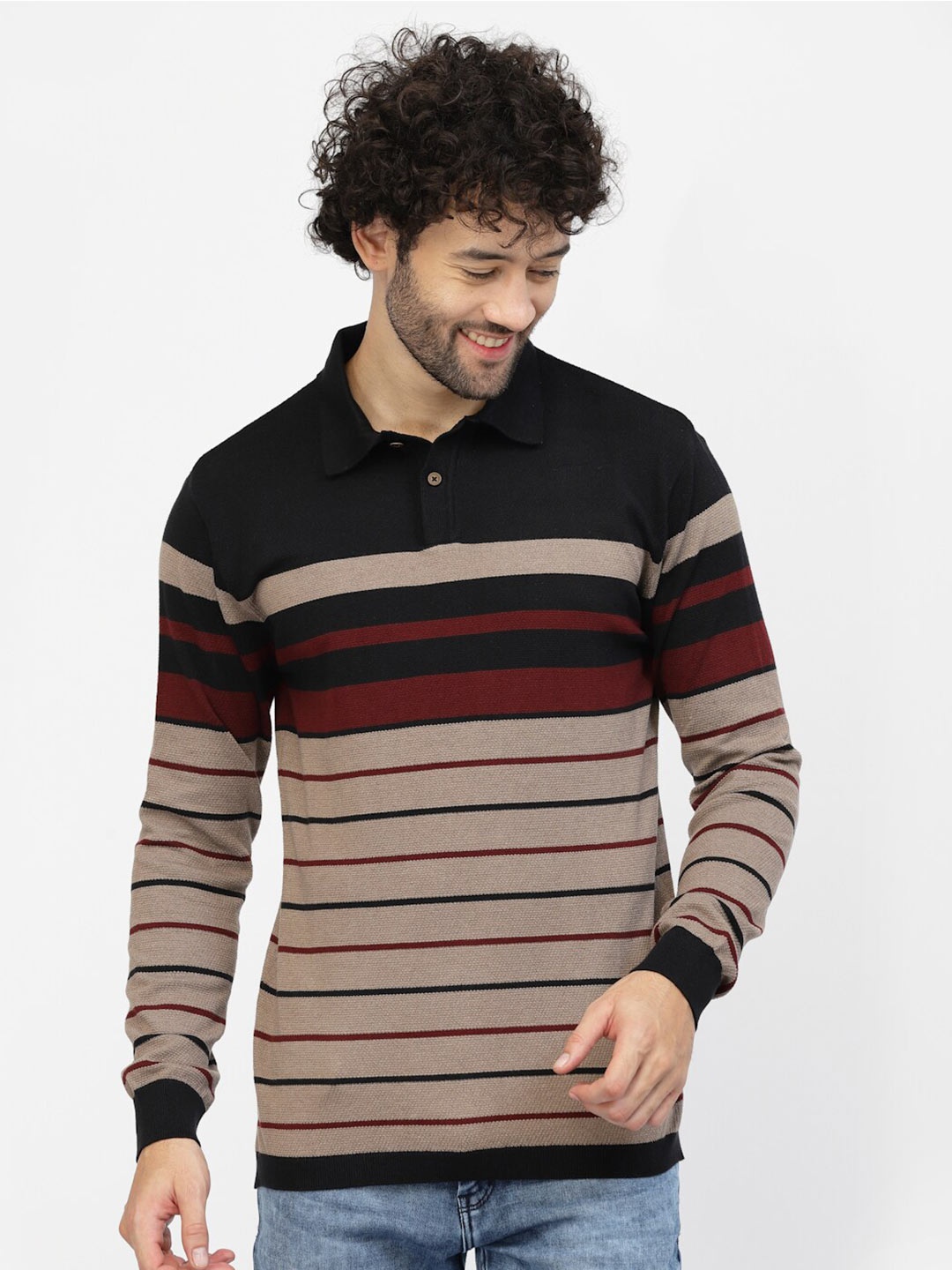 

Kalt Long Sleeves Striped Polo Collar T-shirt, Beige