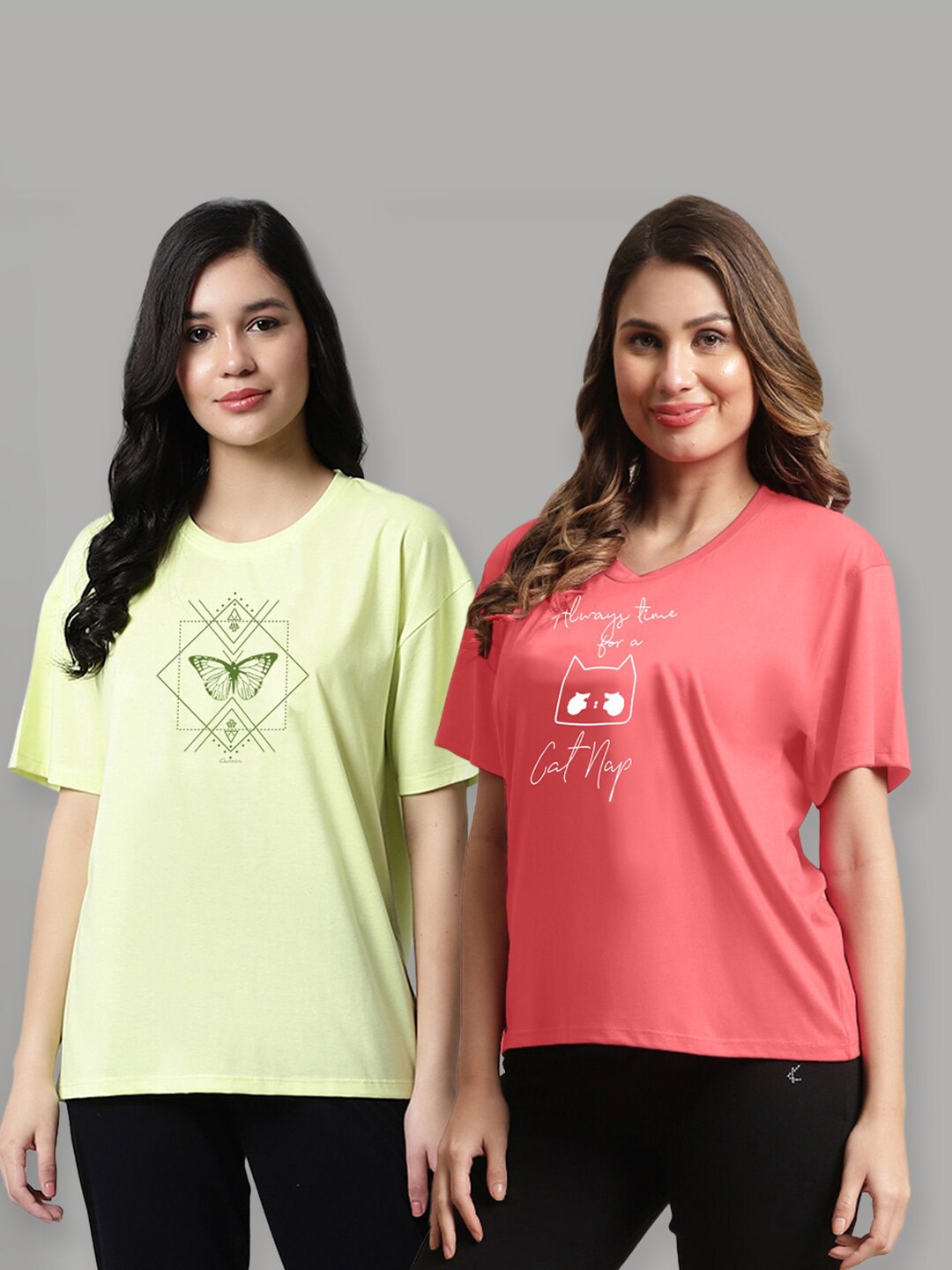 

Kanvin Lime Green & Red Pack Of 2 Printed Lounge T-shirts