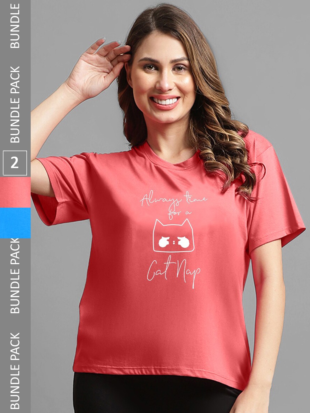 Kanvin Pack of 2 Blue & Pink Printed Oversized Fit T-shirts