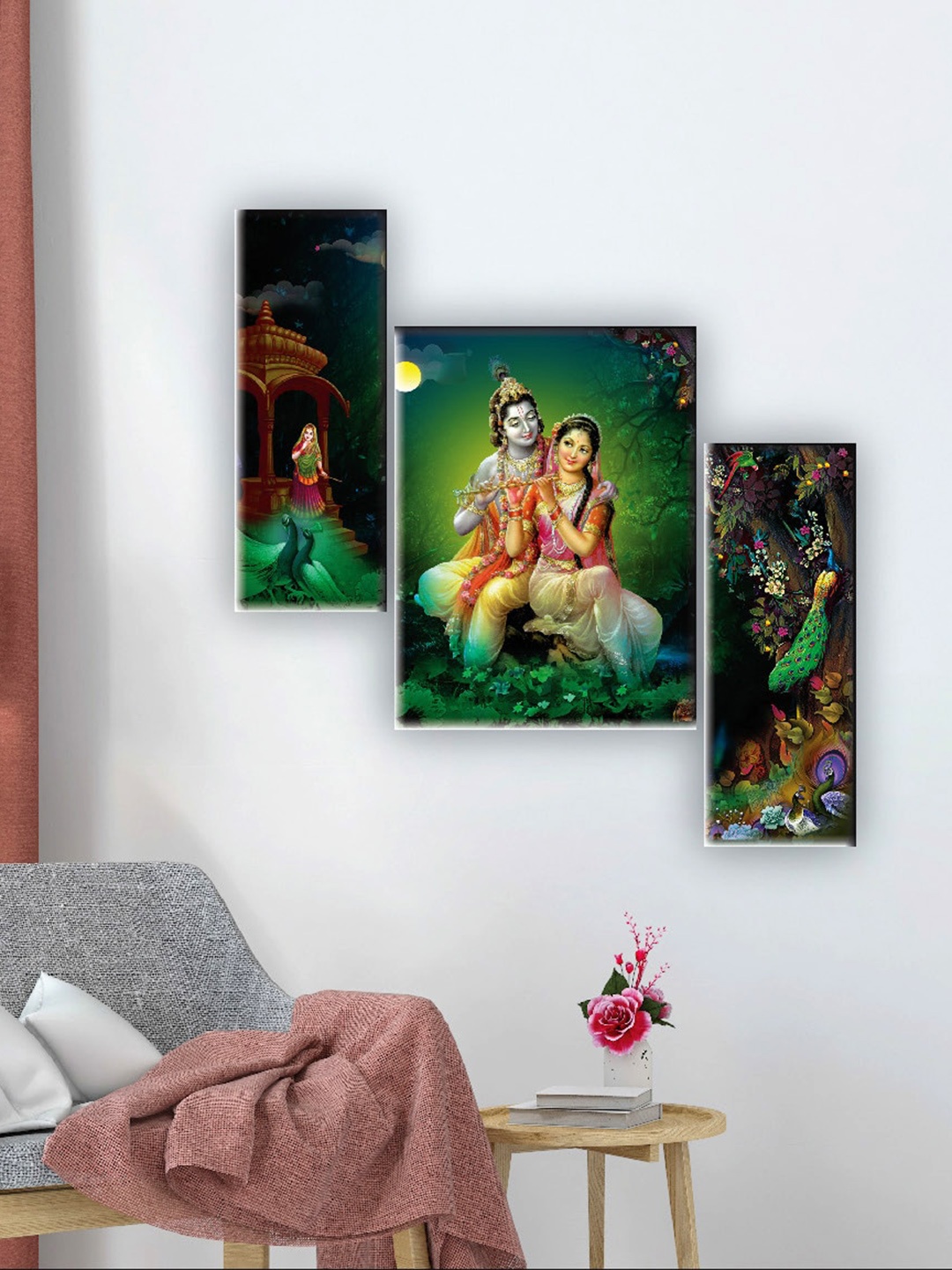 

SAF Green & Blue 3 Pieces Radha Krishna Painting Wall Arts