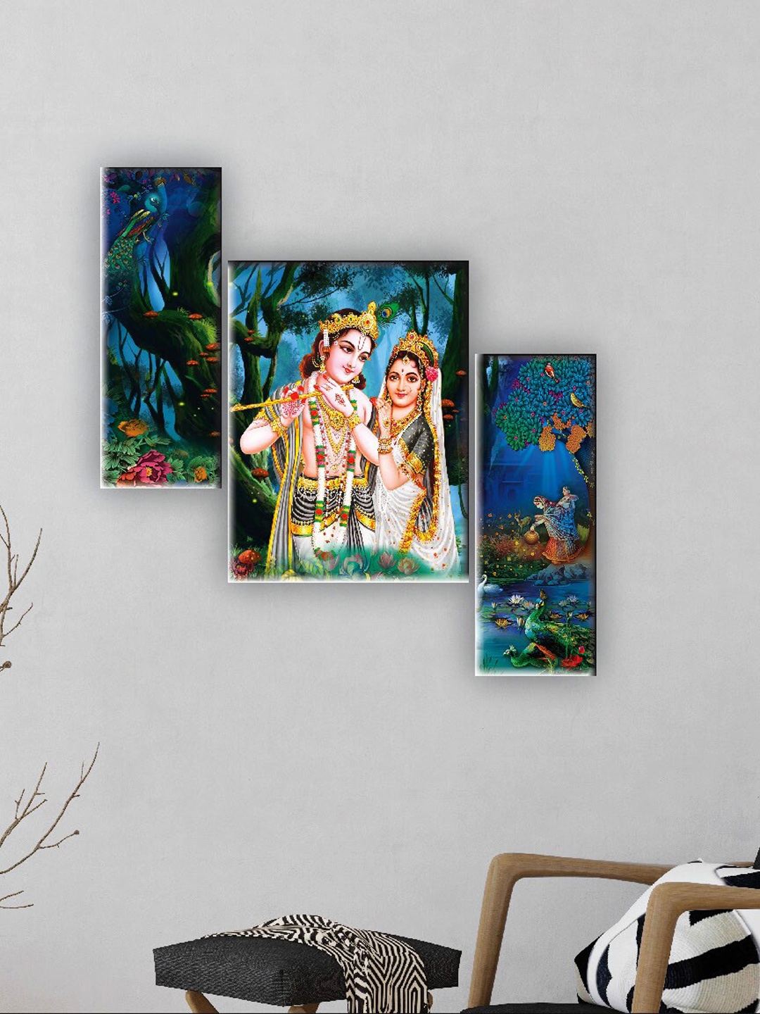 

SAF Blue & Green 3 Pieces Radha Krishna Wall Art Painting