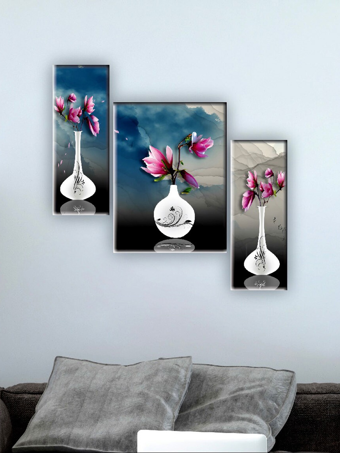 

SAF Blue & White 3 Pieces Flower Pot Wall Art Painting