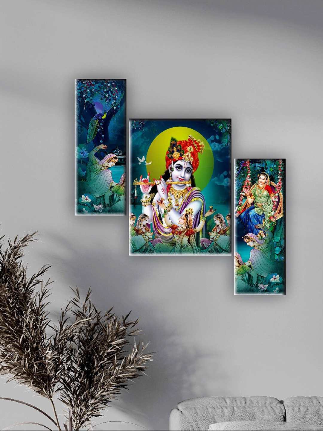 

SAF Blue & Green 3 Pieces Radha Krishna Wall Art Painting