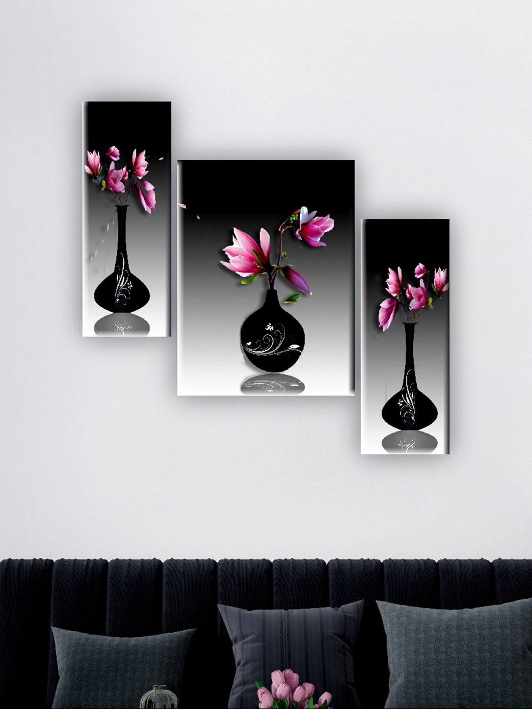 

SAF Black & Pink 3 Pieces Flower Pot Wall Art