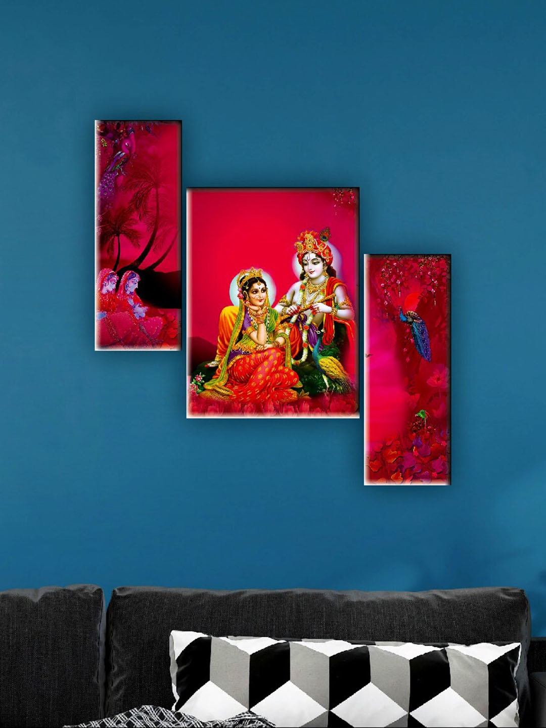 

SAF Red & Green 3 Pieces Radha Krishna Wall Art