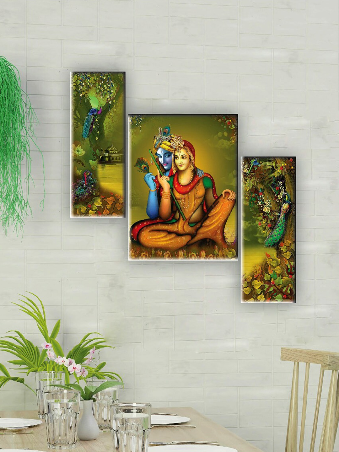 

SAF Green & Brown 3 Pieces Radha Krishna Wall Art