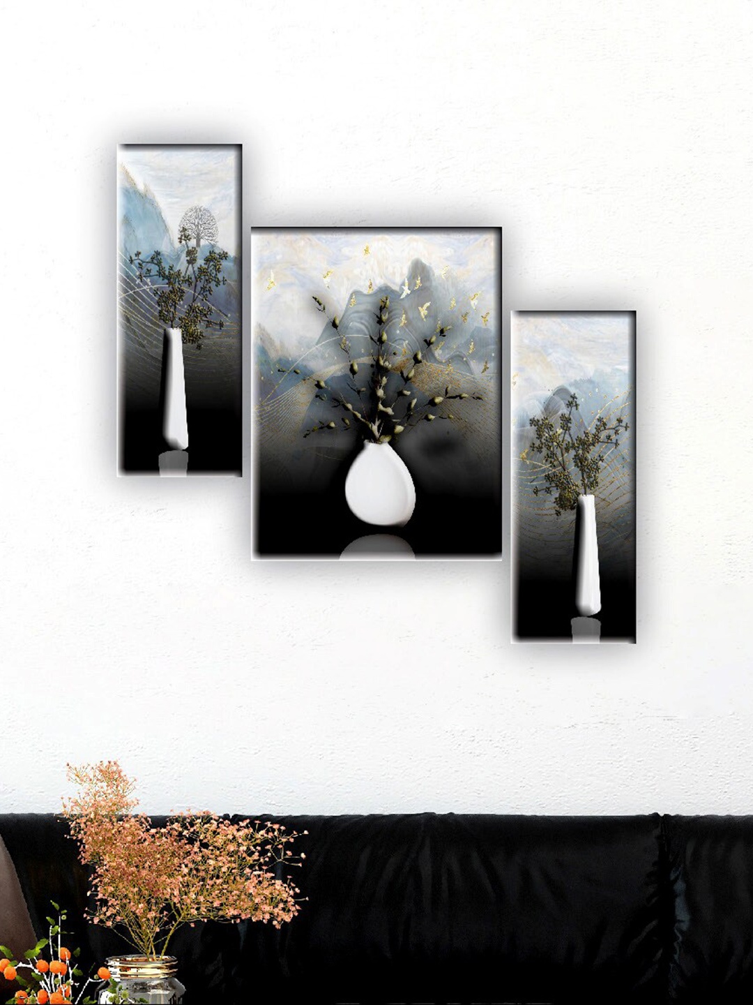 

SAF Grey & White 3 Pieces Flower Pot Wall Art